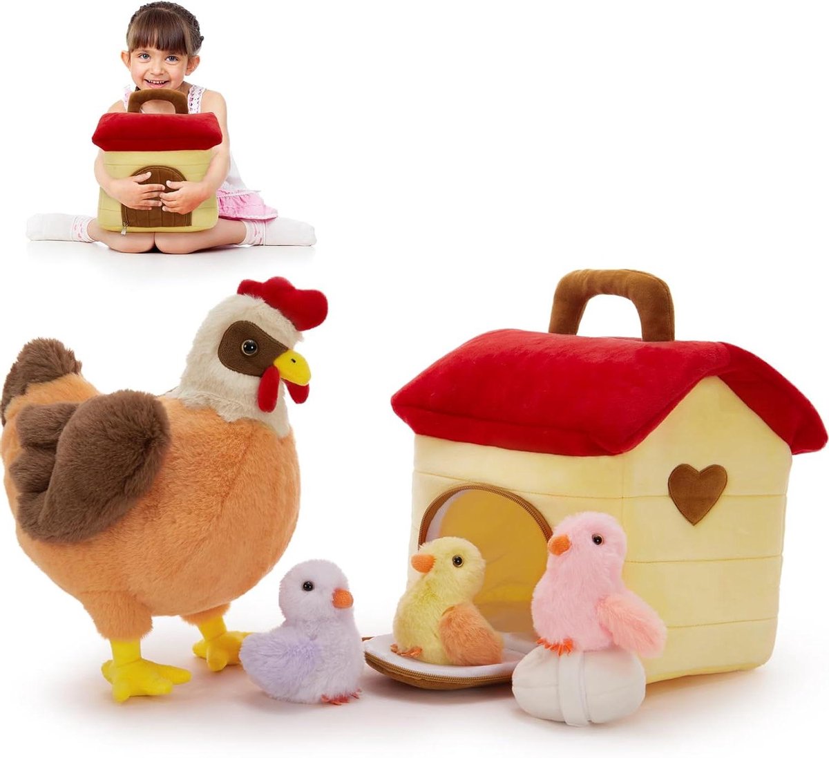 Kippenfamilie Pluche - Knuffel Kip - Kinderkamer Decoratie - Met Kip en Kuikens - 14 Inch - Bruin