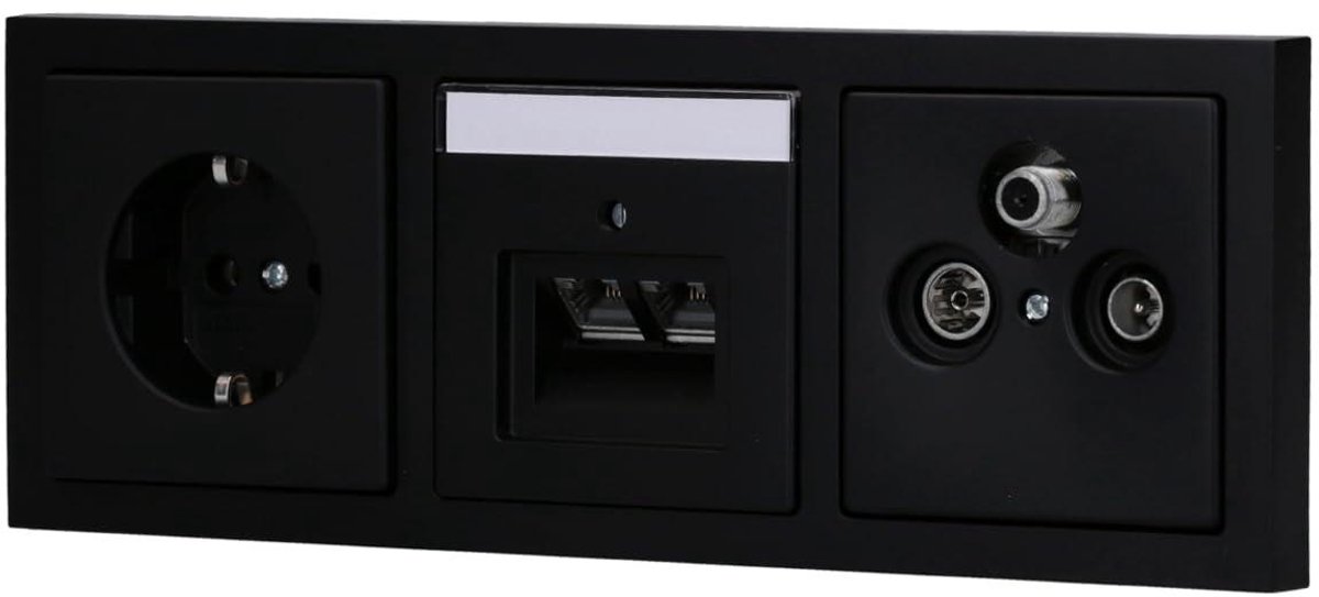 Compleet Wandcontactdoos Set - TV Netwerk Stopcontact - Multimedia Installatie - Dubbele Functie - 3-Gats - Zwart Mat