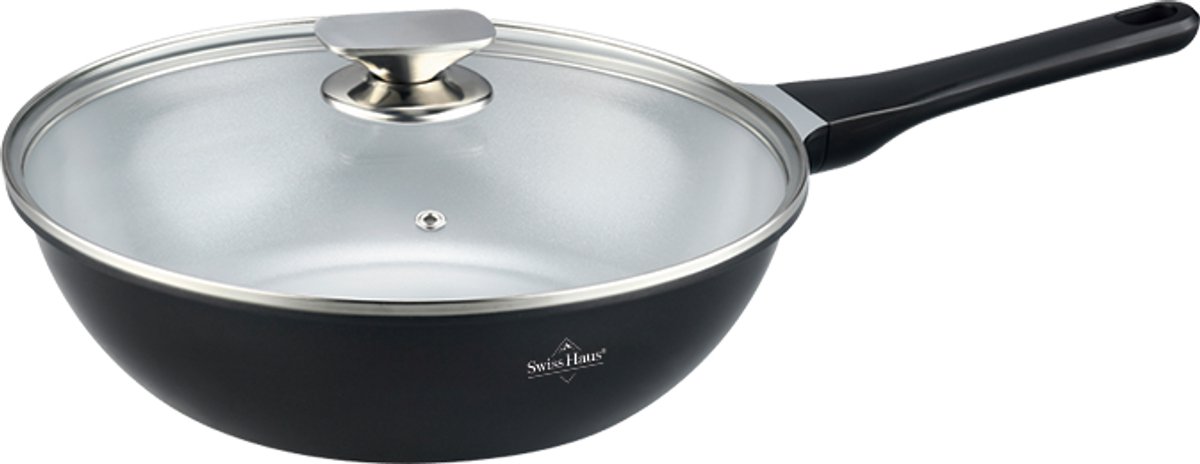 Swiss Haus® BW30B Wokpan Inductie met Deksel - Ø 30 cm / 4.7 Liter - PFAS Vrij - Wokpannen Voor Alle Warmtebronnen - Wok Pan Met Sapphire™ Antiaanbaklaag - Zwart