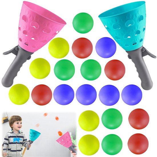 Vangspelset – Interactief speelgoed voor ouder en kind – 2 vangschijven, 24 ballen – Werpspeelgoed – Elastisch vangbalspel – Trainingsspeelgoed voor kinderen – Binnen en buiten – Voor kinderen vanaf 3 jaar (Speelgoedballen in willekeurige kleuren)