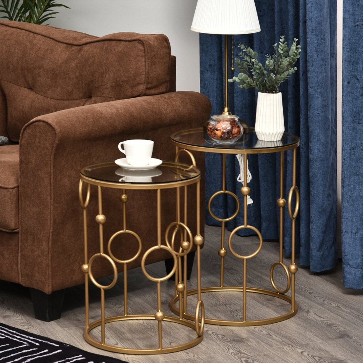 Wishdor - Set Van 2 Bijzettafels - Nestbaar En Ruimtebesparend - Modern Ontwerp - Voor Woonkamer Of Slaapkamer - Metaal Met Gehard Glas - Goud - Grote Tafel Ø41 X 57 Cm, Kleine Tafel Ø36 X 51 Cm
