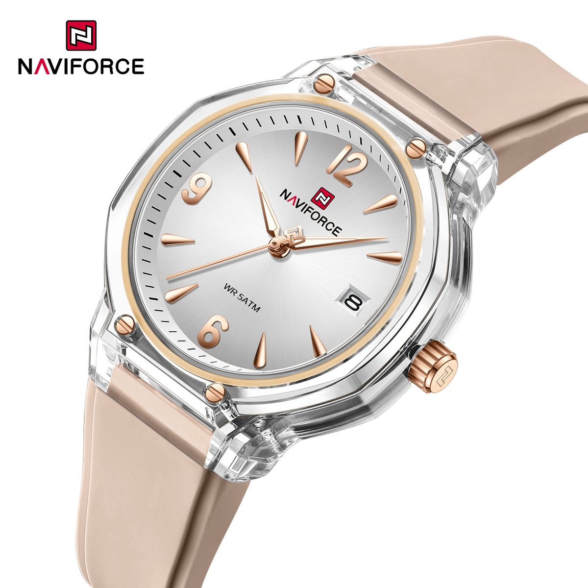 NAVIFORCE horloge met camelroze gefumeerde siliconen polsband, transparante horlogekast en zilveren wijzerplaat voor dames met stijl ( Model 6110 SCP )