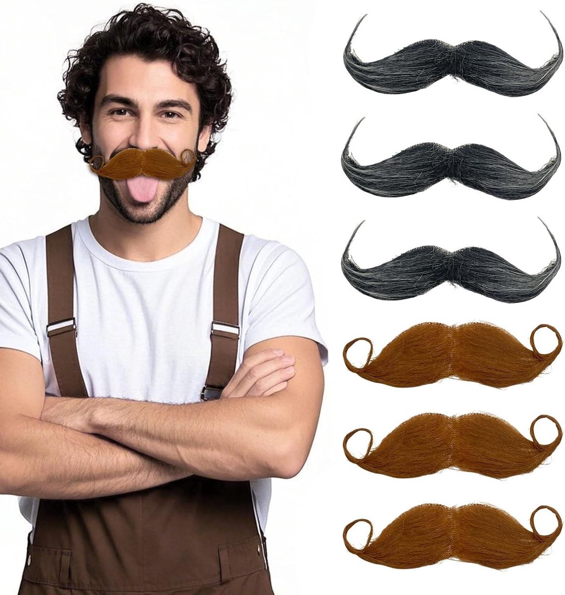 Set van 6 Nepbaarden voor Cosplay en Feestjes - Valse Snorren voor Mannen voor Halloween en Carnaval (Zwart, Bruin)