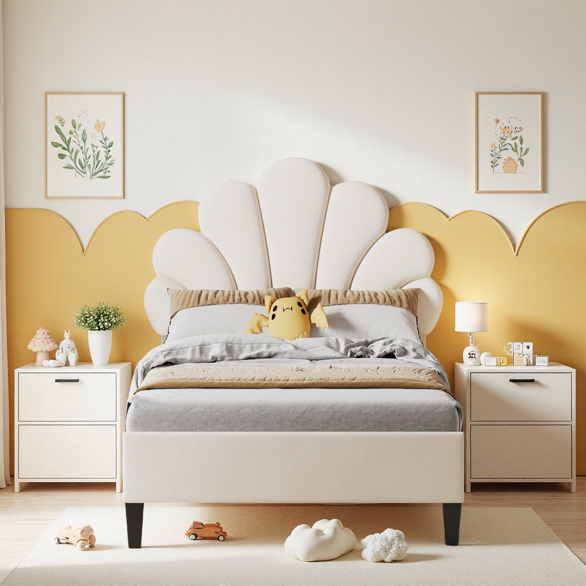 ROSAHQNDA Kinderbed Gestoffeerd bed 90x200cm -eenpersoonsbed - tienerbed met verstelbaar hoofdeinde - bedframe - fluweel - Beige - zonder matras