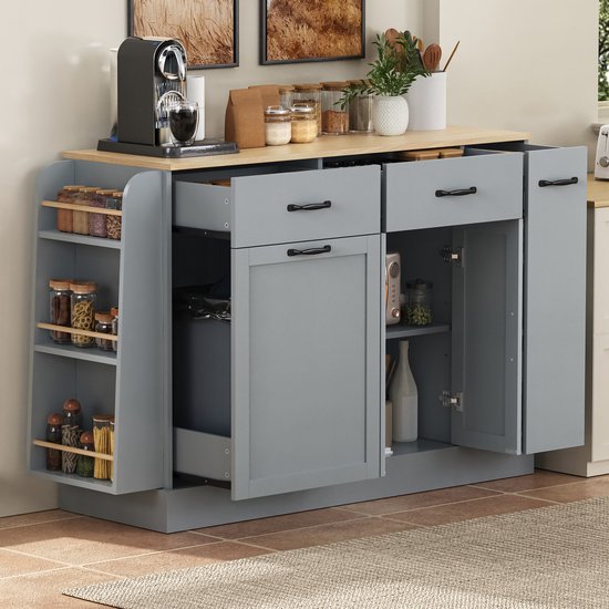 OKWISH Dressoir - Met Afvalvak En Open Kruidenrek - Voor Keuken En Eetkamer - MDF Grijs Met Houtlook - 133,5x40x86 cm