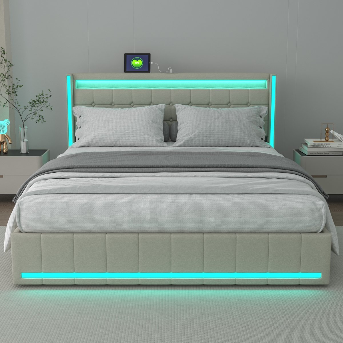 Linnen Gestoffeerd Bed 180x200 cm met Opbergruimte en Lattenbodem-Tweepersoonsbed- Opbergbed - Jeugdbed - Bedframe met Led Verlichting - Met Stopcontacten - USB -Type C,Beige,zonder matras