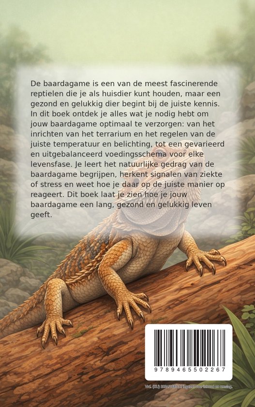 Een baardagame met bruine en gele schubben rust op een boomstronk met tekst.