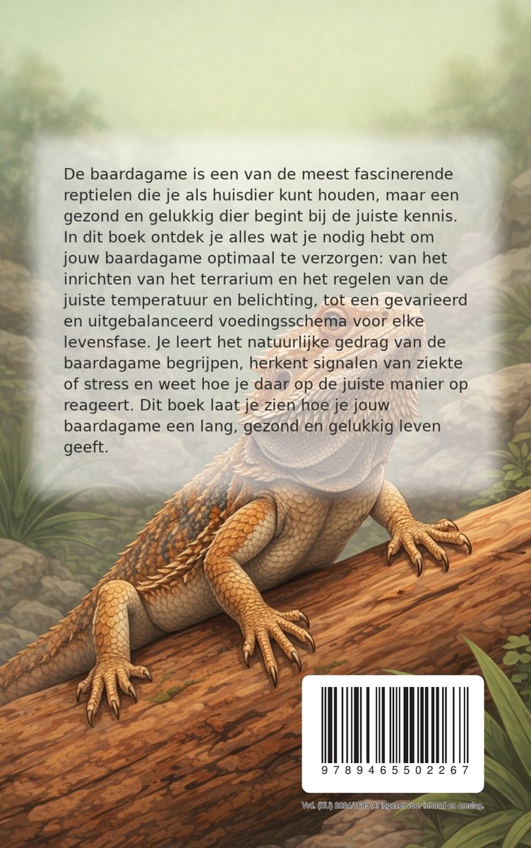 Een baardagame met bruine en gele schubben rust op een boomstronk met tekst.