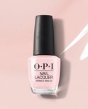 O.P.I. nagellakflesje met lichtroze nude lak en zwarte dop.