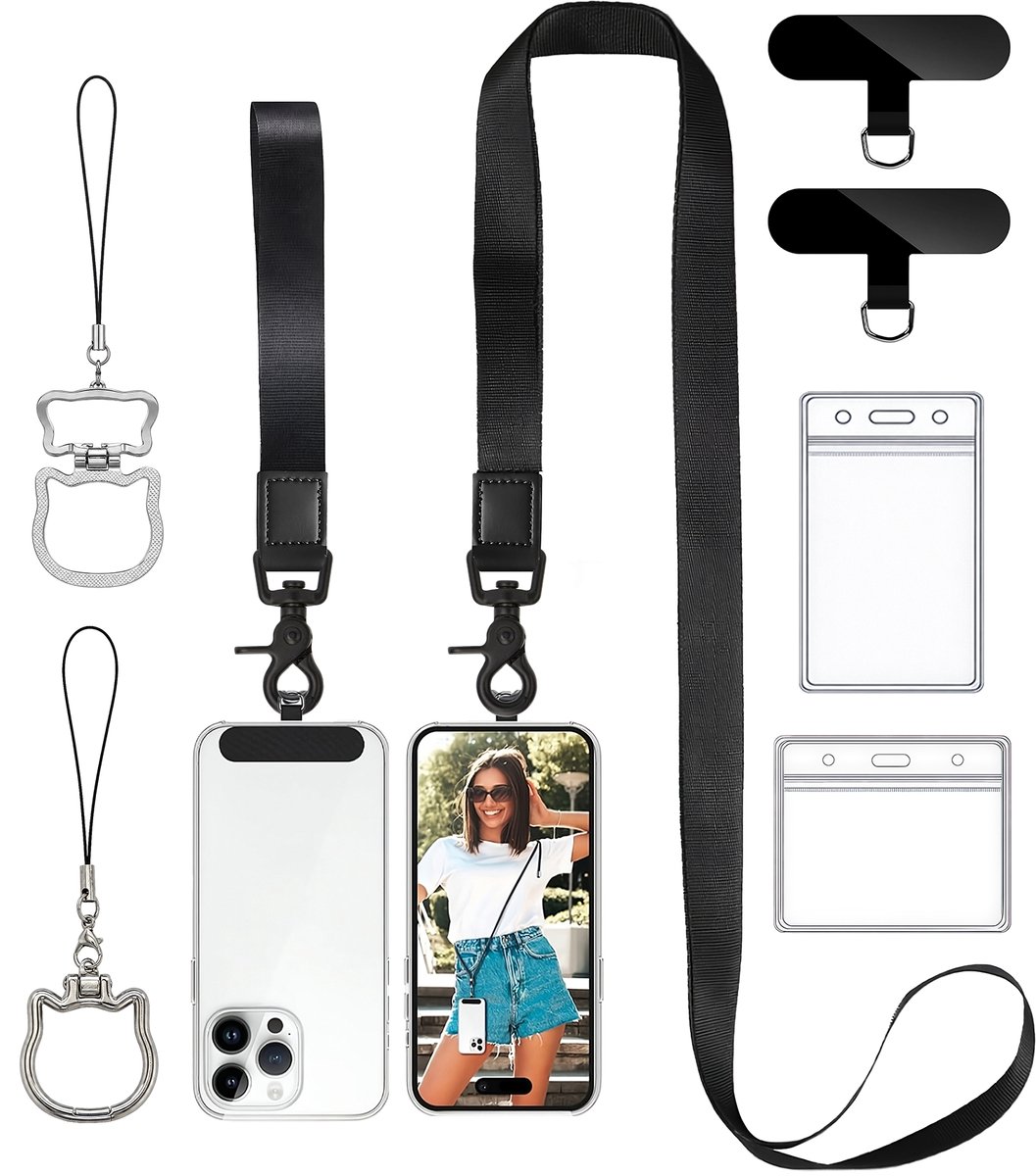 Universeel Verstelbare Nek, Pols & Crossbody Telefoonkoord met Badgehouder, Telefoon Ring & Standaard - GSM Keycord/Lanyard - Telefoontasje Strap voor Telefoonketting - Phone Ketting/Koord/Cord -Zwart Keykoord Sleutelhanger - Telefoonhouder Pashouder