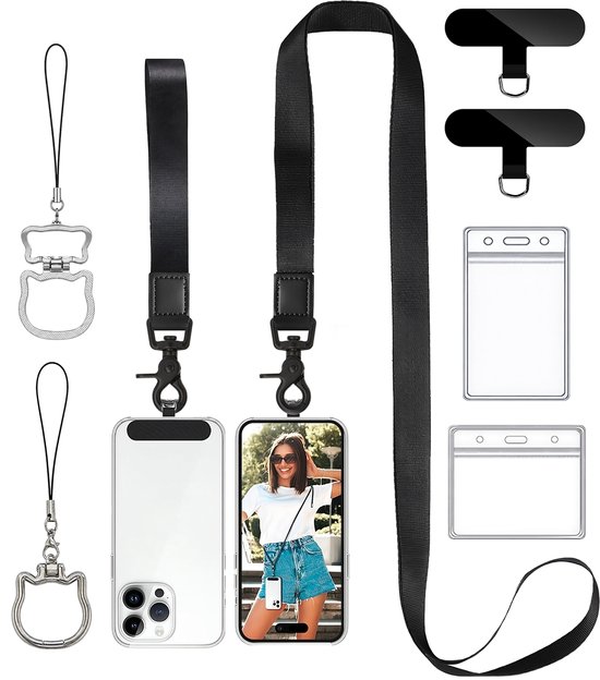 Universeel Verstelbare Nek, Pols & Crossbody Telefoonkoord met Badgehouder, Telefoon Ring & Standaard - GSM Keycord/Lanyard - Telefoontasje Strap voor Telefoonketting - Phone Ketting/Koord/Cord -Zwart Keykoord Sleutelhanger - Telefoonhouder Pashouder