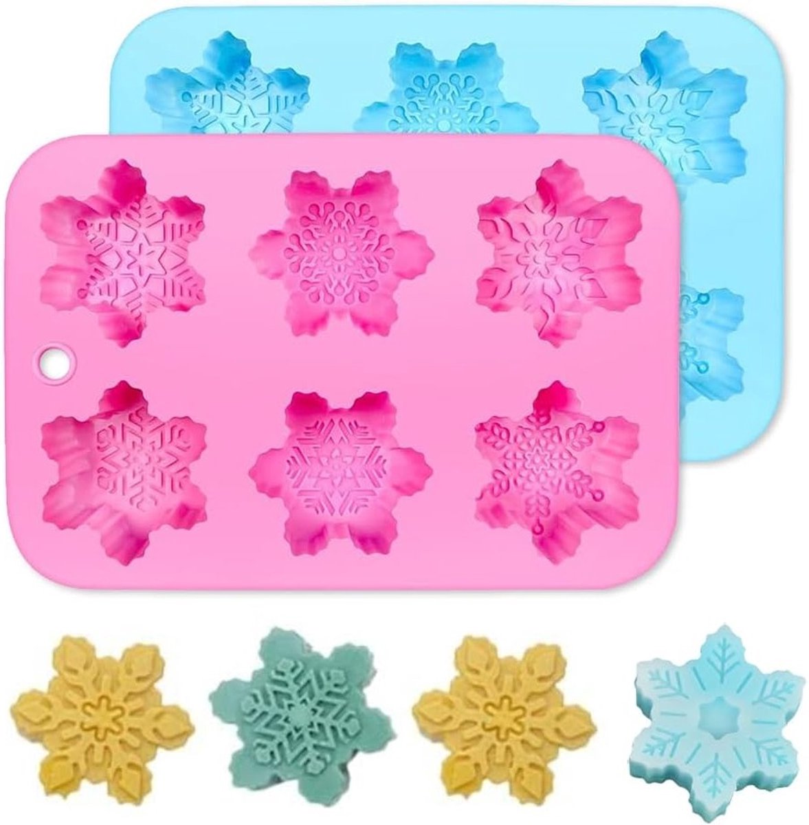 Siliconen sneeuwvlokvormen voor bakken, set van 2, voor kerstdecoraties, taarten en chocolade, 6 holle ruimtes voor creatieve DIY-projecten