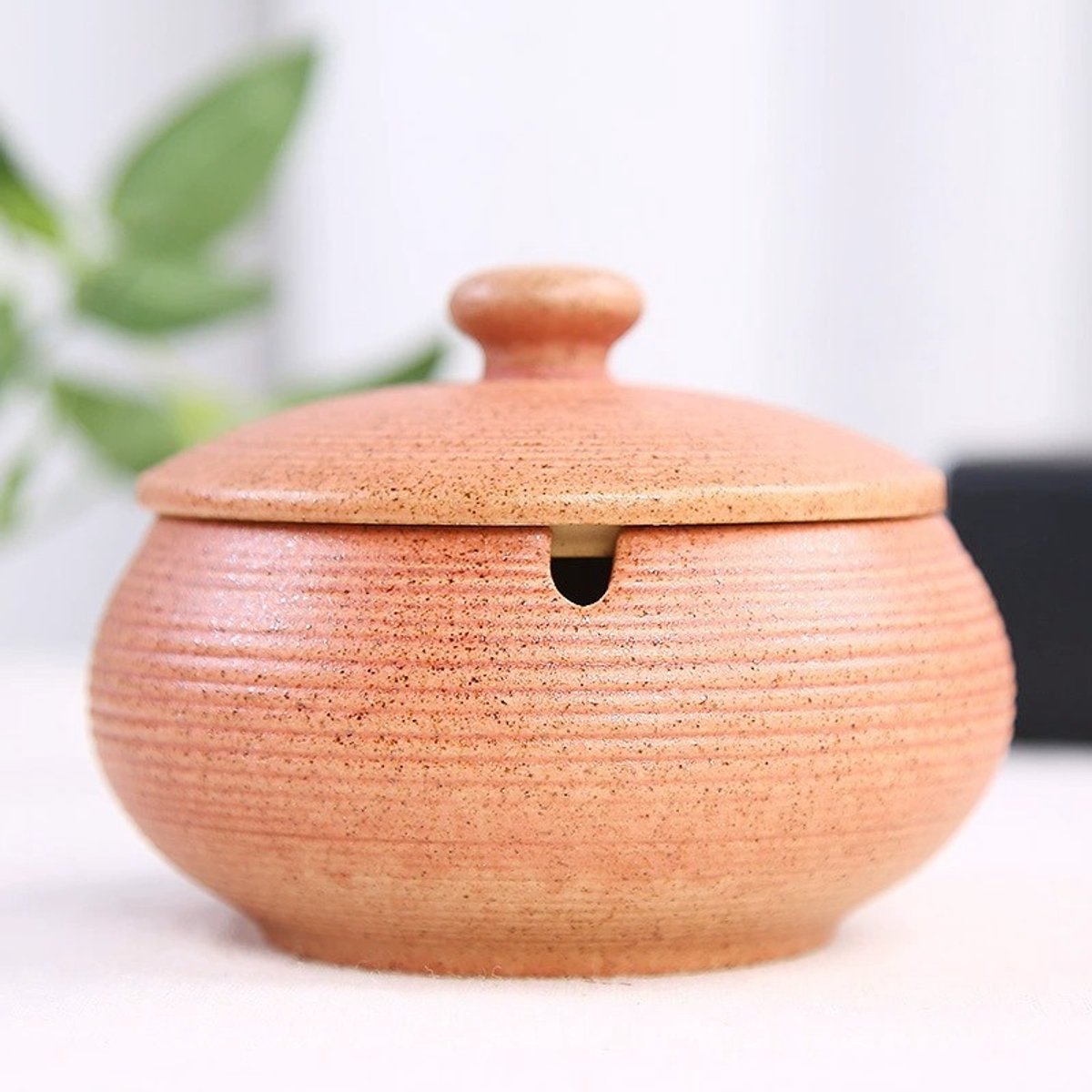 Roze grof aardewerk- Keramische Asbak met Deksel - Retro Glazuur - Anti-geur - Rookhouder - Voor Binnen & Buiten-11.2*9cm