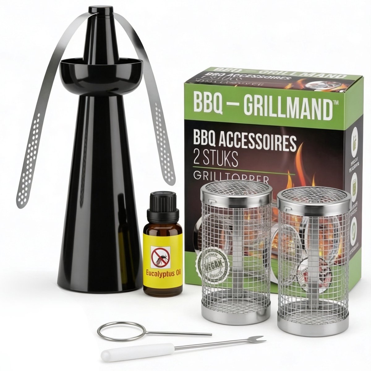Oneproduct BBQ Set - Vliegen Verjager met Citronella Olie & 2 Grillmandjes - BBQ Accessoires - Barbecue Set