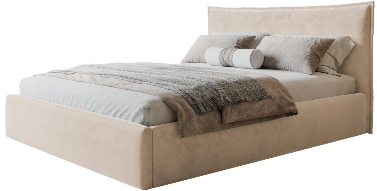ALPİ Bed Rimini 160x200 cm - bedkast - houten frame - Amorstof beige Houten frame beige