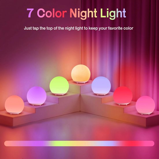 Nachtlampje voor kinderen - USB-oplaadbare LED-tafellamp - Dimbaar, warm licht, 7 kleuren, touchbediening, 0,5/1-uurs timer - Ideaal voor babykamers, slaapkamers en kamperen — afbeelding 5