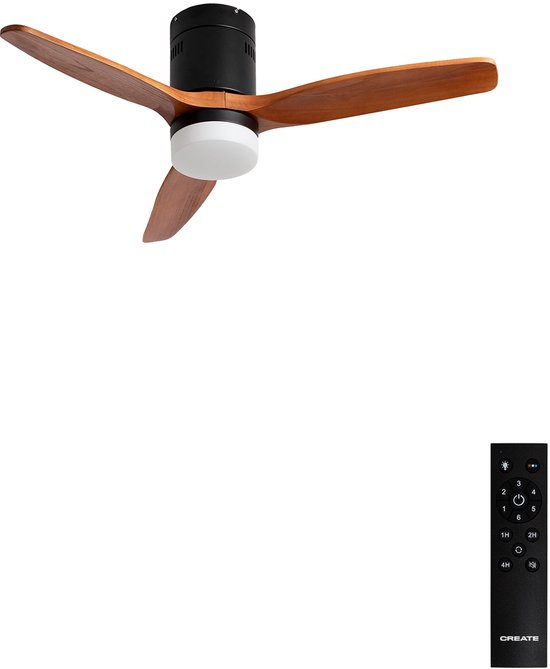 Plafondventilator 40W stil 100% hout Ø132cm met LED-lamp 3 kleurtemperaturen en afstandsbediening, voor 10-25m²