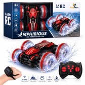 Voiture de cascade RC amphibie EasyMart Rouge – 2,4 GHz – Dérapages et Flips à 360° – Roule sur l'eau et la terre – Avec roues LED, télécommande et montre de contrôle gestuel – Voiture jouet RC tout-terrain 6+