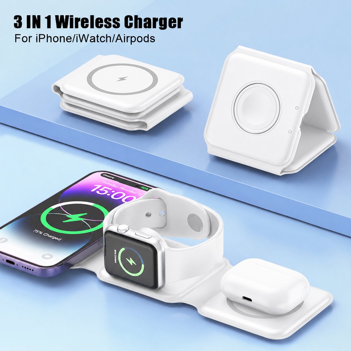 3-in-1 Magnetische Draadloze Oplader – Opvouwbaar – 15W Snellader – iPhone, Apple Watch, AirPods & Qi-apparaten