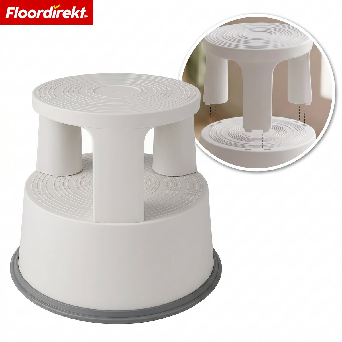 Floordirekt Rolkruk Olifantenpoot - Kunststof Verrijdbare Opstapkruk - Lichtgrijs - Met Wielen, Antislip & TÜV-Gekeurd - Stevig, Praktisch & Ideaal voor Kantoor, Winkel en Huishouden