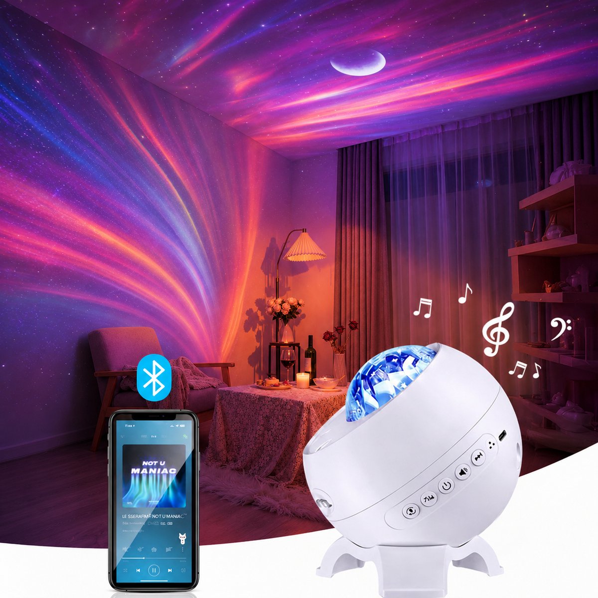 Sercano Sterrenhemel Projector – Aurora Projector met Groene Laser - 16 Kleuren - Bluetooth Speaker - 8 Geluiden & 5 Films - Timer - voor Volwassenen Slaapkamer