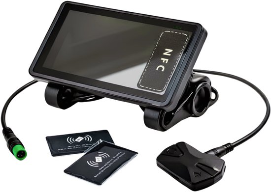 Zwart H6C display voor fatbike met NFC-tag, twee NFC-kaarten en een 5-pins connector. Toont snelheid en batterij.