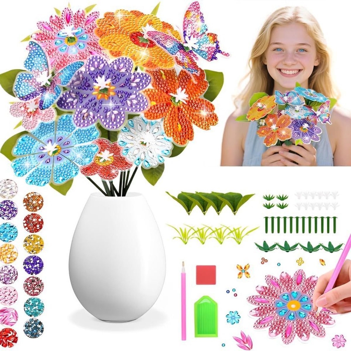 5D Bloemen en Vlinders Diamantschilderij Kunstsets, Decoratieve Bloemenstokjes met Boortjes, Geschikt voor Volwassenen Beginners DIY Diamantschilderijen, DIY Vaasvuller Ornament Tafeldecoratie