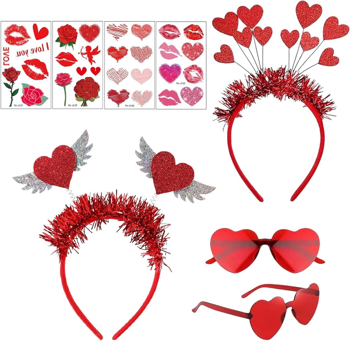 Amor Kostuum voor Vrouwen met Hart Hoofdbanden, Hartvormige Zonnebrillen en Hart Tattoos voor Valentijnsdag, Carnaval en Feestjes