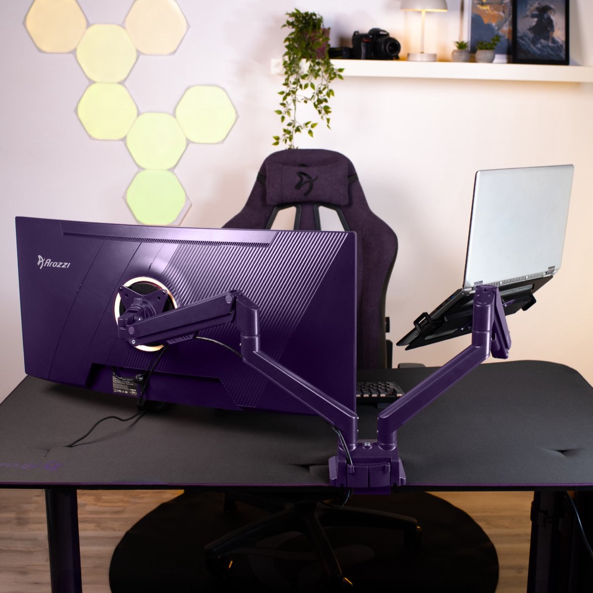 Arozzi Alzare Neo Dubbele Monitor Arm - Gasfeder - Paars thumbnail 4
