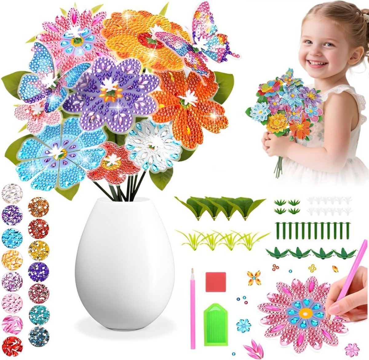 5D Diamond Painting Bloemen & Vlinders DIY Set - Creatieve Knutselset voor Kinderen van 5-12 Jaar, Complete Pakket met Diamantsteentjes en Stokjes - Voor Zelf Te Maken Boeketten en Kamerdecoratie - Leuk Cadeau voor Meisjes