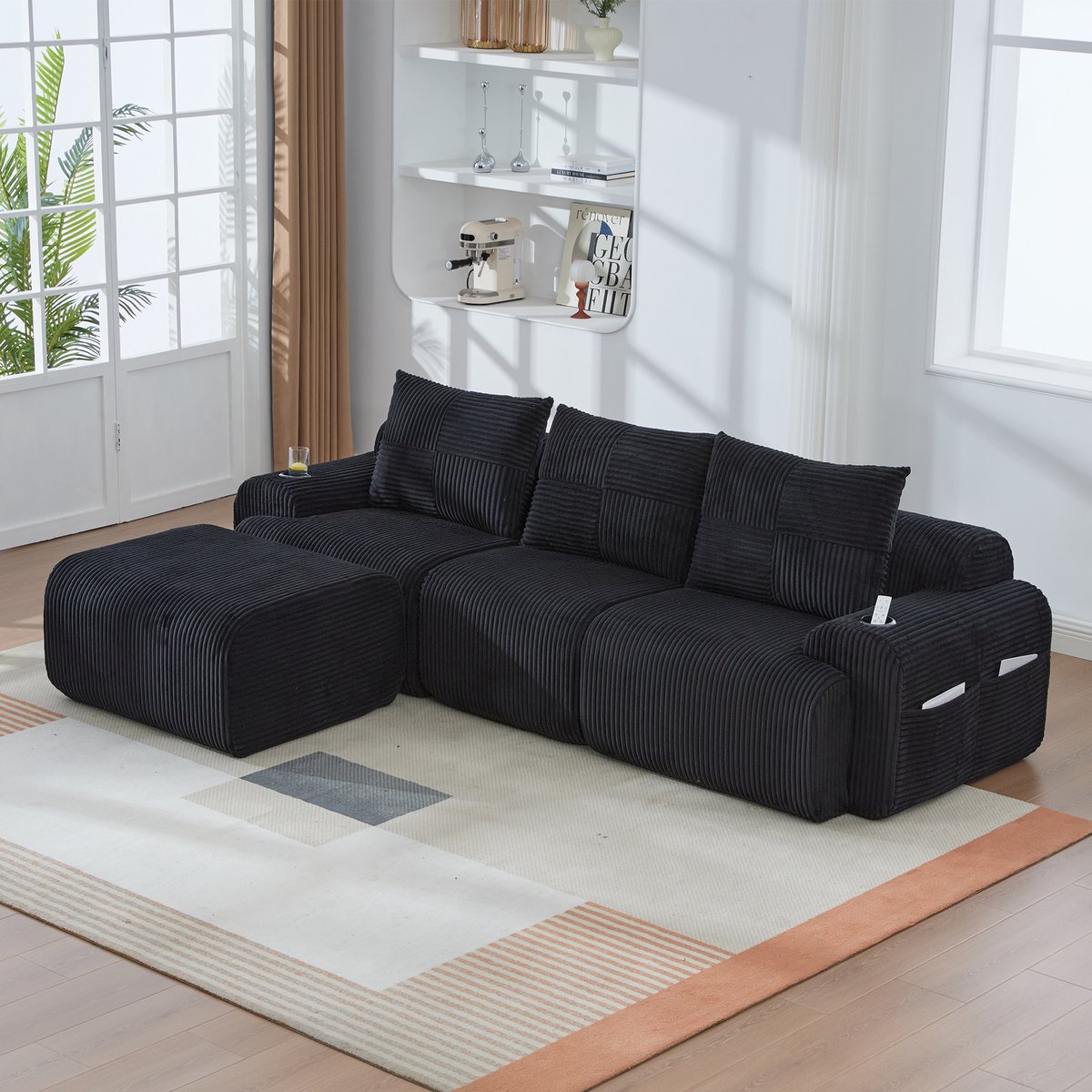 Wishdor Modulaire 3-Zitsbank Met Hocker - Bekerhouder En Opbergtas - Moderne Stijl - Voor