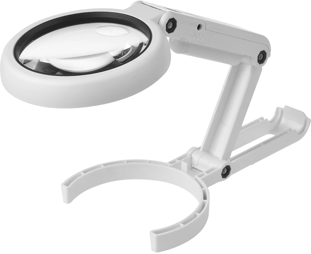 Loeplamp met LED Verlichting – Handloep met 5X Vergroting – Opvouwbare & Dubbel Verstelbare Bureaulamp – Oplaadbare Vergrootlamp voor Lezen, Hobby & Precisiewerk – Wit