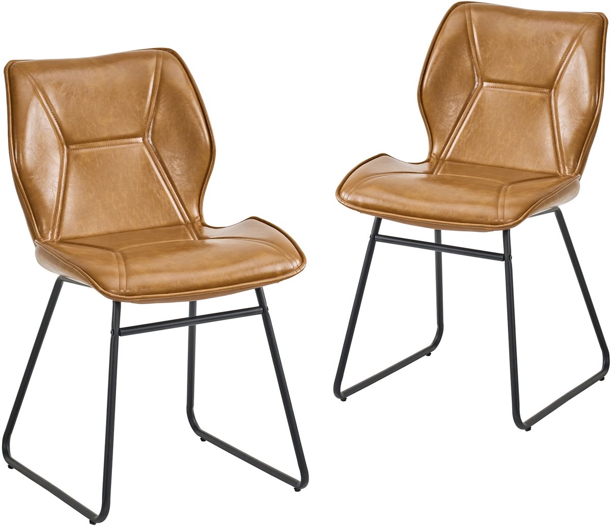 Merax Eetkamerstoelen Set van 2 - Kunstleer Stoelen - Gestoffeerde Stoelen - Metalen Sledepoten - Ergonomische Rugleuning - Cognac Bruin