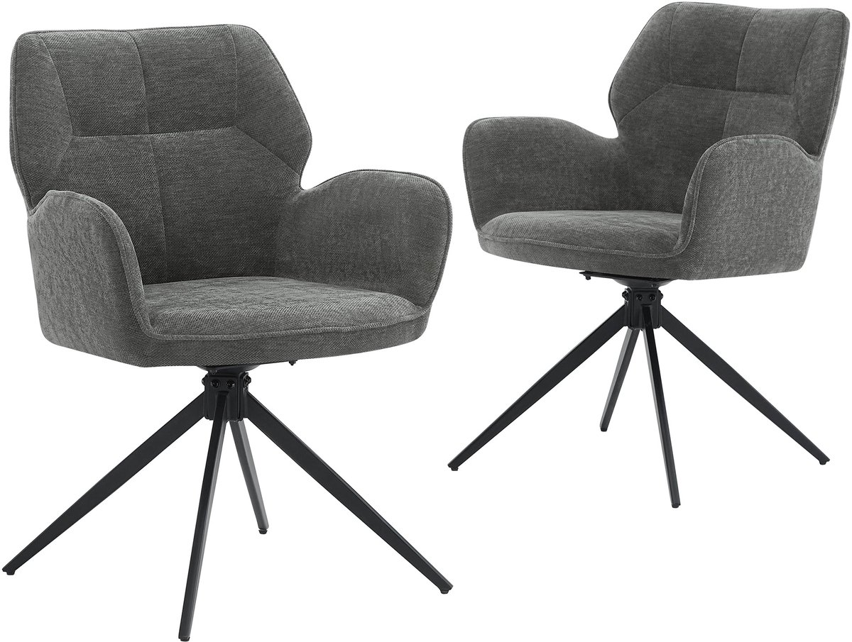 Merax Eetkamerstoelen Set van 2 - Draaibare Stoelen - Chenille Stof - Met Armleuningen - Metalen Poten - Moderne Stoelen - Donkergrijs