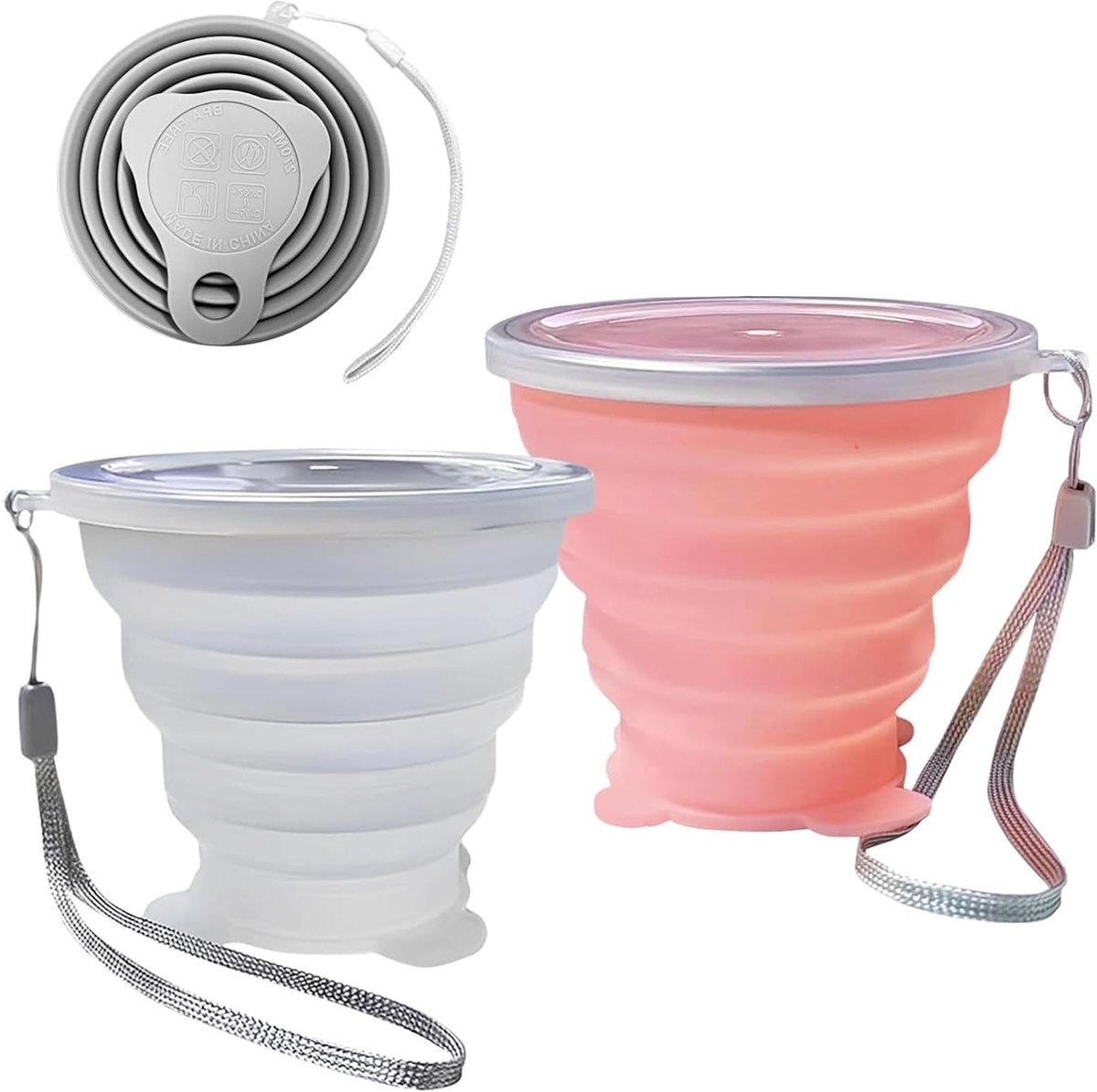 Set van 2 Vouwbare Siliconen Bekers - Draagbare, Uitbreidbare en Herbruikbare Drinkbekers met Reisdeksel voor Thuis en Buiten