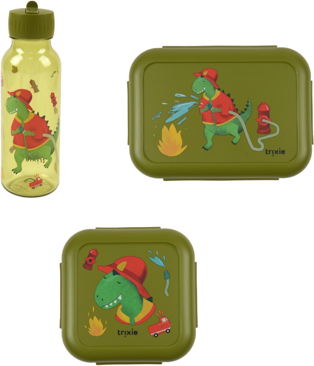 Bundel Trixie Back to School set - Lunchbox/Snackdoos/Drinkfles 500ml - Fireman Mr. Dino
