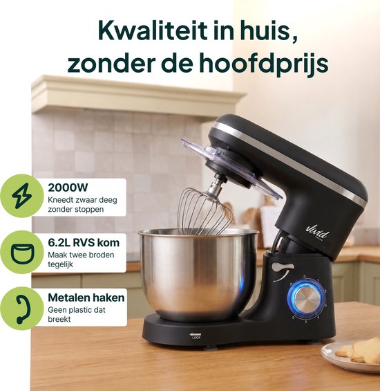 Zwarte keukenmixer met RVS garde in een 6,2L kom, naast een rij teken. 2000W.