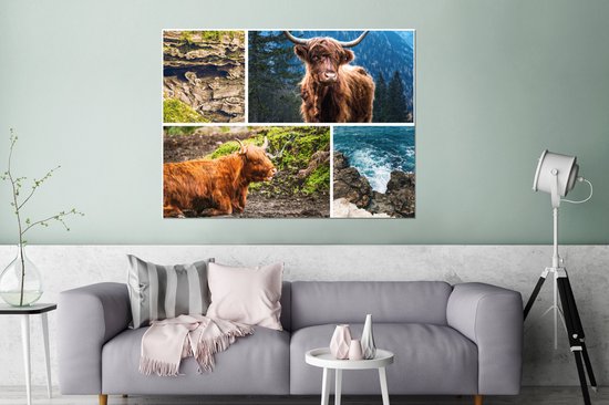 Aluminium schilderij 120x90 cm - Wanddecoratie metaal - Schotse hooglander - Collage - Landschap - Metalen muurdecoratie woonkamer - Decoratie industrieel - Foto op dibond - Industriële accessoires slaapkamer