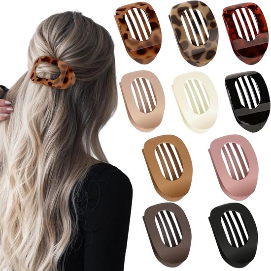 Vrouw met blond haar draagt een platte haarclip, met een overzicht van 10 verschillende clipkleuren.