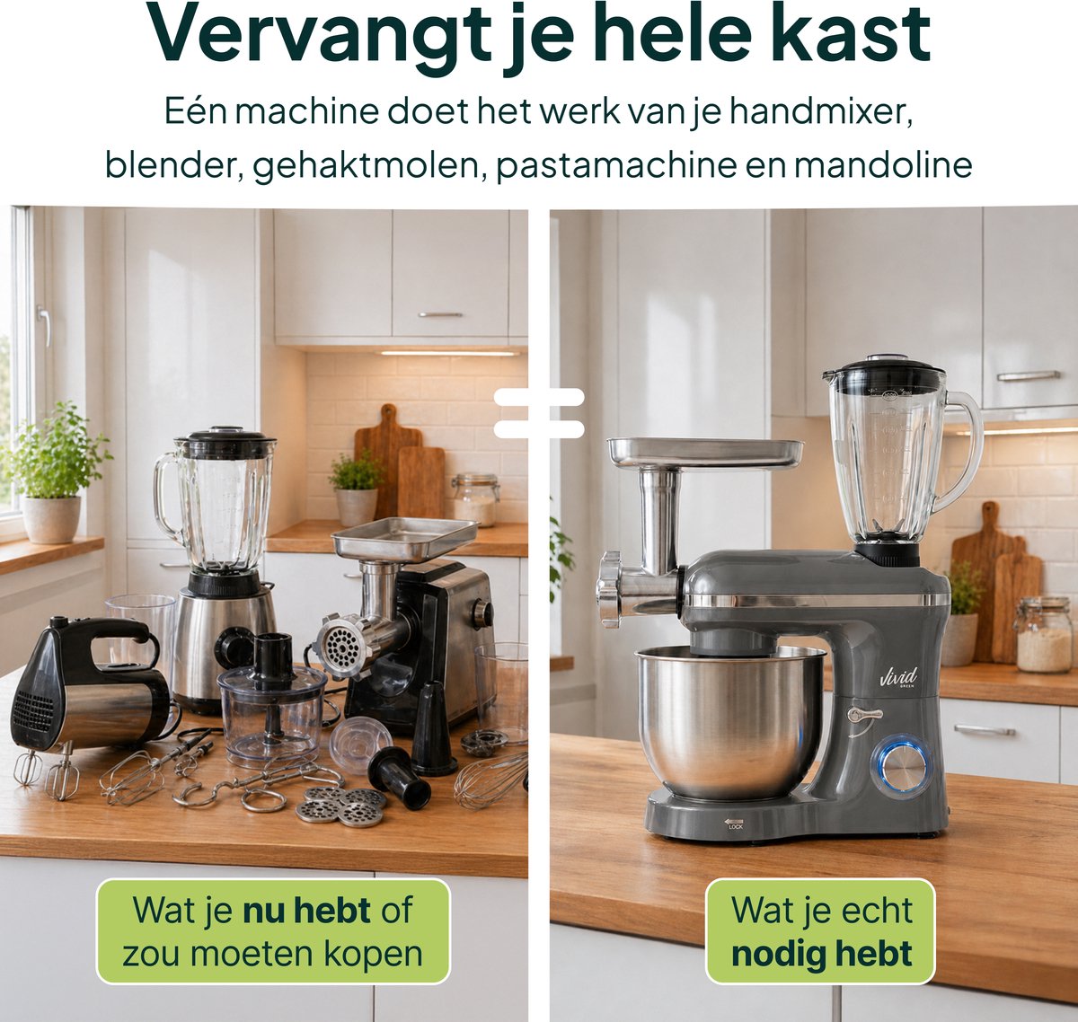 Vivid Green 2000W Keukenrobot - 33 accessoires, 6.2L RVS