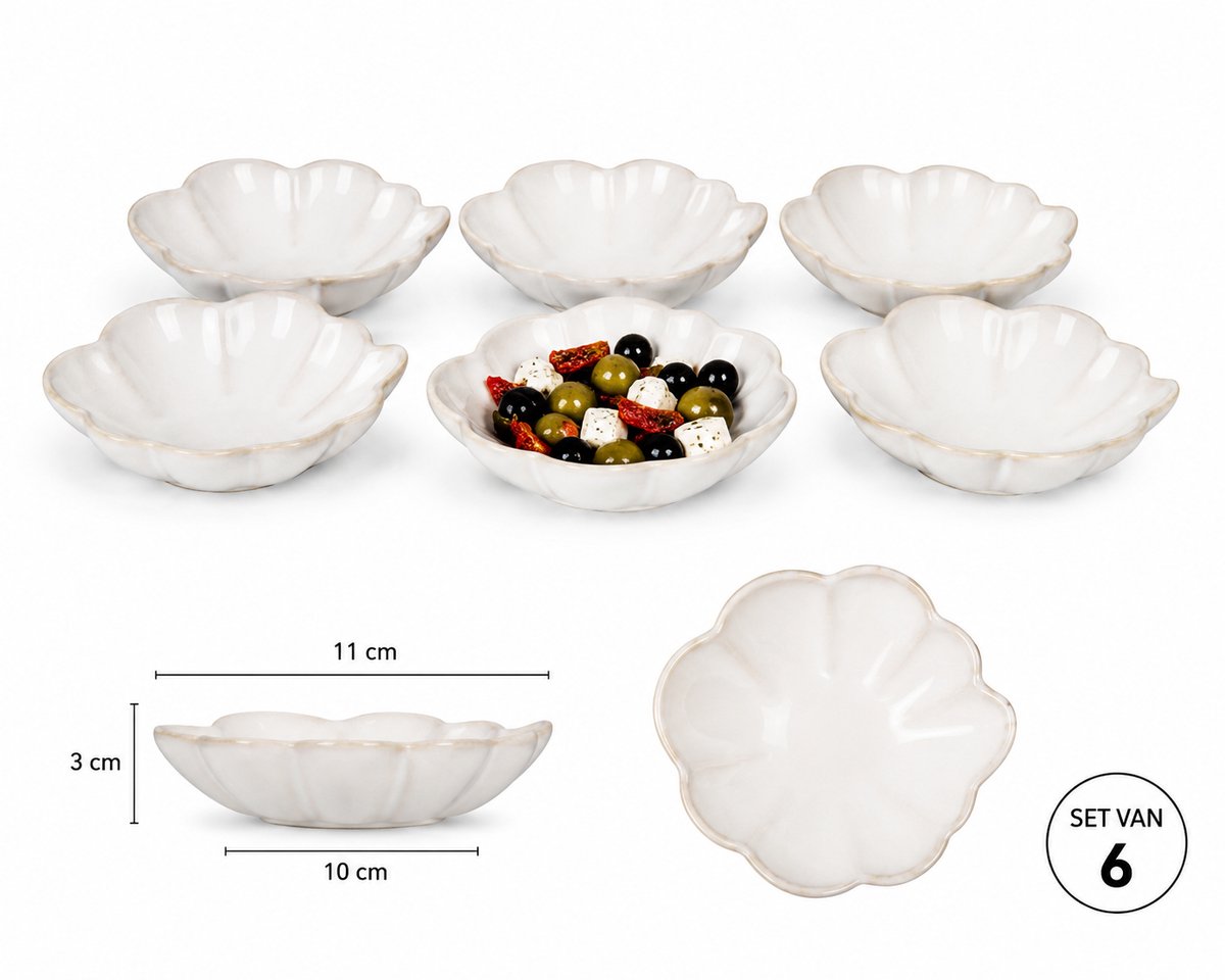Set van 6 Keramische Borrelschaaltjes - Vintage look – Bloemvormige Snack Schaaltjes – beige – 11 x 10 x 3 cm – Tapas & Borrelhapjes