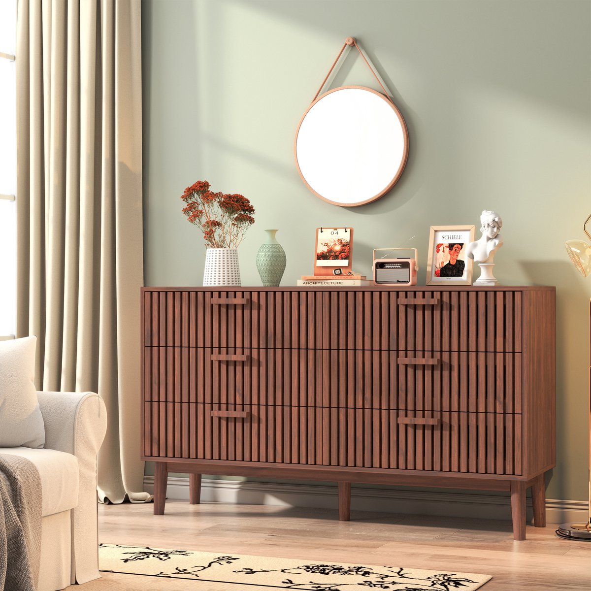 Commode - Opbergkast met 6 lades - Geschikt voor woonkamer, slaapkamer en hal - Kleur: walnoothout