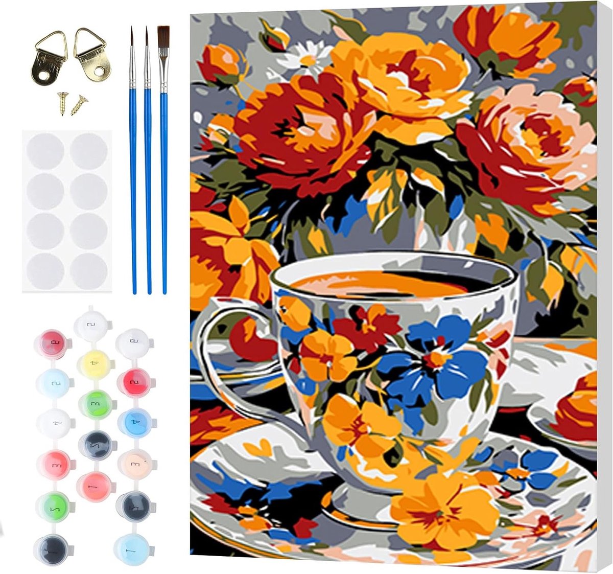 Bloemen schilderen op nummer voor volwassenen en kinderen, DIY set met theekop, olieverf en houten lijst, perfect voor huisdecoratie en creatief plezier