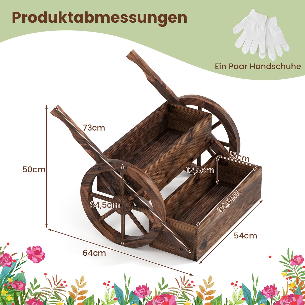 COSTWAY Houten Bloemenwagen, Bloemenstandaard met 2 Wielen, Handgrepen & Afwateringsgaten, Plantenwagen, Bloembak met 2 Lagen, Draagvermogen tot 10 kg, Decoratieve Plantenbak voor Tuin & Balkon, 64x54x50 cm