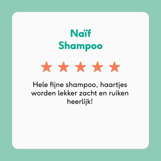 Witte kaart met sterren en tekst: "Naïf Shampoo" en een klantbeoordeling.