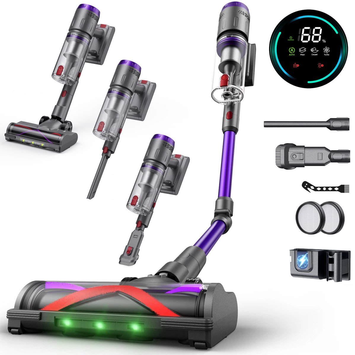 Steelstofzuiger Draadloos - 600W/58Kpa - 4 Zuigniveaus - Slimme vuilherkenning - Vacuum Cleaner - Kruimeldief - Draadloze Snoerloze Stofzuiger - Zonder Zak - Op Accu