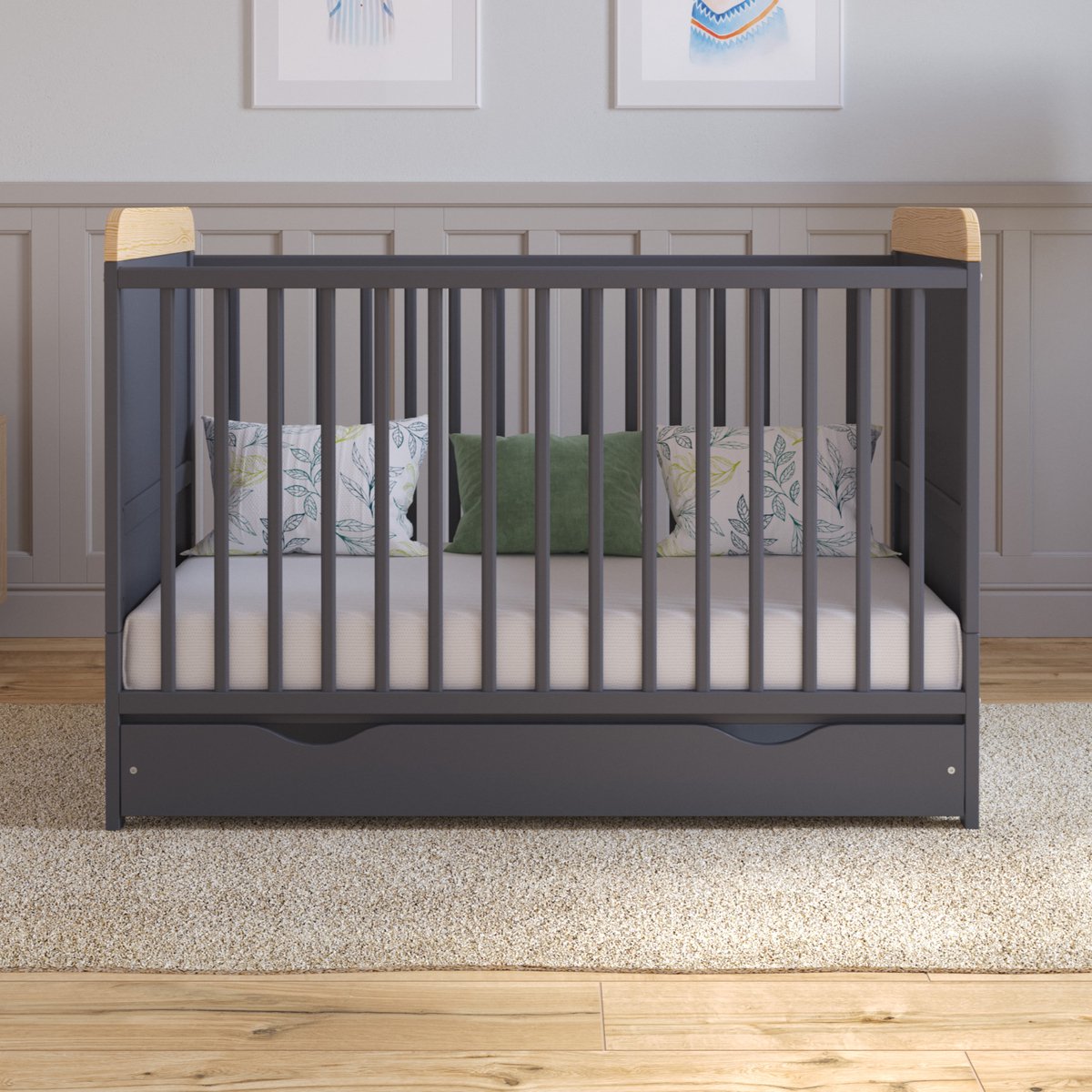 Love For Sleep Levi Babybedje 2-in-1 - Meegroeibed 120x60 cm - Inclusief GOWOLL Koudschuimmatras & Schuiflade - Massief Grenenhout - Antraciet/Grenen