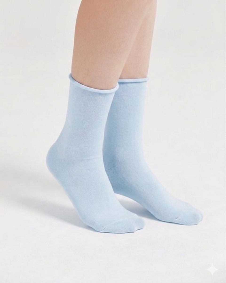 Nova Collection - Dames sokken - 6 Paar - Rolltop - Organic Cotton Certified - Organische Katoen - Licht blauw - Maat 35-38 - Cadeau