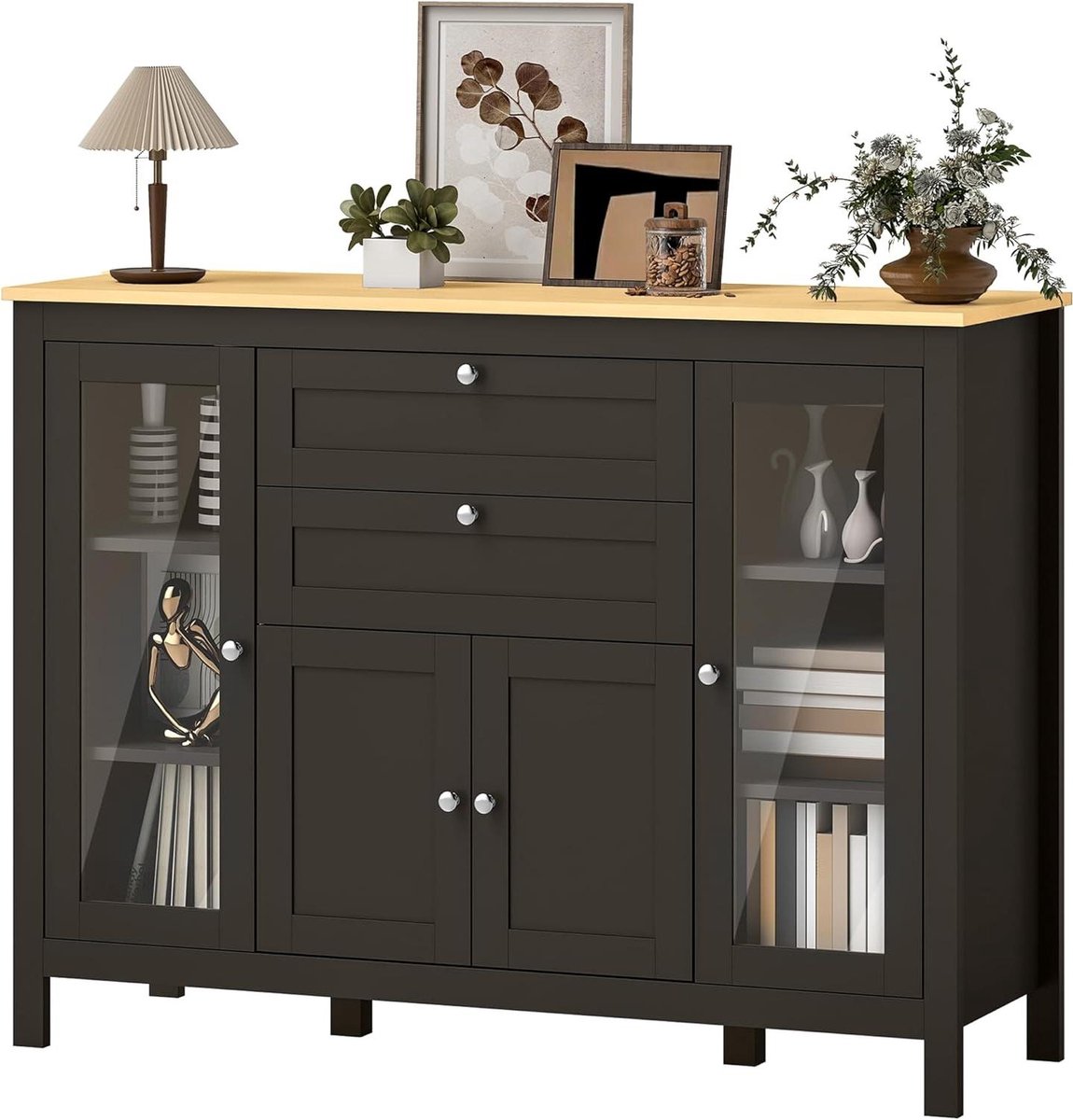 Opbergkast - Dressoir Buffet - Woonkamer Keuken - Glazen Deuren Verstelbaar - 120 x 40 x 9