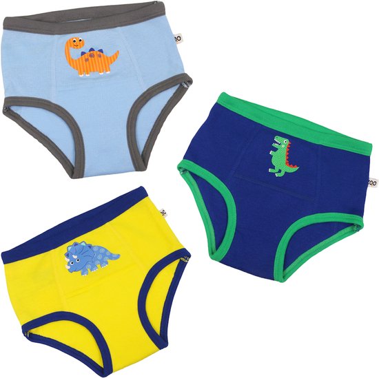Set van drie jongens oefenbroekjes: lichtblauw met oranje dino, donkerblauw met groene dino en geel met blauwe triceratops. Met grijze en groene boorden.